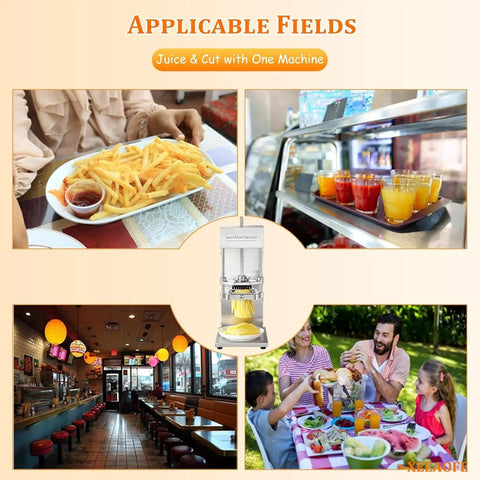 Heavy Duty Electric Commercial Kitchen Machine 304 Stainless Steel Strip Cutter And Juice Press in busy restaurant and family settings.