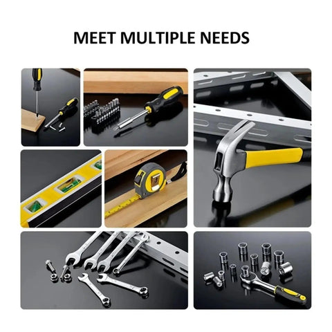 All-In-One 108-Piece Socket Wrench Auto Repair Tool Set With Heavy-Duty Hand Tools And Storage Case displayed with various tools.