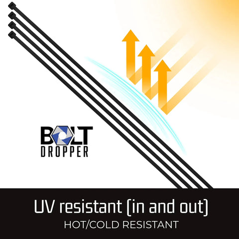 Illustration showing UV resistance of Assorted Black Zip Ties 4, 6, 8, 12 Inches Pack Of 400 Self Locking Nylon Cable Ties
