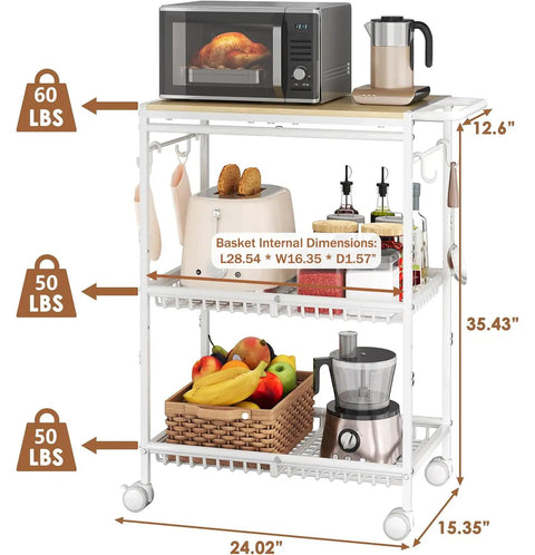 Mobile Kitchen Cart With 3 Tiers And Lockable Wheels White Rolling Storage Cart With Push Handle Sturdy 210 Lb Capacity holding appliances
