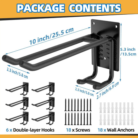 Six Pack 10 Inch Heavy Duty Two Tier Garage Hooks Wall Mount Storage Organizer package contents with screws and wall anchors.