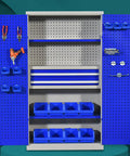Extra Tall Lockable Metal Tool Cabinet With Two Doors Built Tough Heavy Duty Steel Construction Large Capacity Storage For Garage Workshop Basement Or Warehouse Keeps Tools Organized Safe And Easily Accessible, blue open cabinet