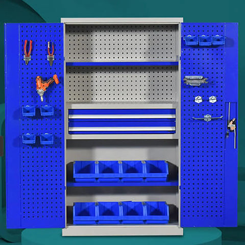 Extra Tall Lockable Metal Tool Cabinet With Two Doors Built Tough Heavy Duty Steel Construction Large Capacity Storage For Garage Workshop Basement Or Warehouse Keeps Tools Organized Safe And Easily Accessible, blue open cabinet
