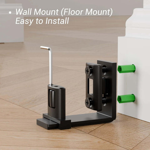 Sliding Barn Door Floor Guide with Adjustable Roller, U-Shape Flexible Flush Design, wall mounted black hardware installed