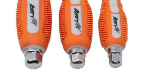 Close-up of handles from the 7 Piece JIS Driver Set Pro Grade Screwdrivers And Bits Bundle, showing orange grip detail.