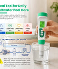 5 In 1 Digital Salt Tester And PH Meter For Saltwater Pools measuring salinity in a glass, featuring green and white design for easy use.