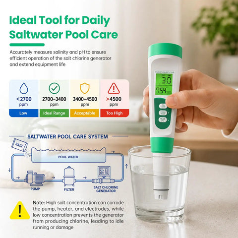 5 In 1 Digital Salt Tester And PH Meter For Saltwater Pools measuring salinity in a glass, featuring green and white design for easy use.