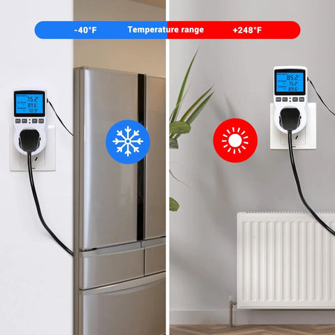 Plug In Thermostat Outlet With Temperature Control And Timer, 1800W 110V 15A, Backlit Digital Display on fridge and heater