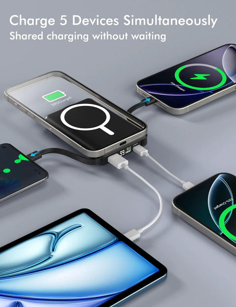 Super Sleek MagSafe Power Bank With 10000Mah Magnetic Portable Charger For Iphone 16 15 And Air Fast Charge with five devices charging.