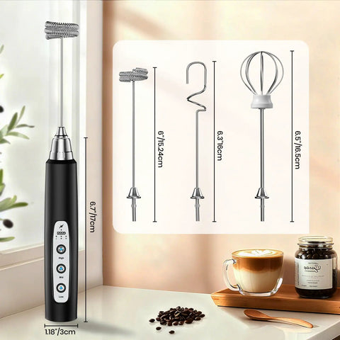 Handheld Rechargeable Milk Frother Wand With Detachable 3 Stainless Whisks, Three Speed Electric Whisk For Coffee Lattes