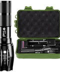 Rechargeable Tactical Flashlight LFX1000 Kit With USB Charger And Battery Included Ultra Bright LED Zoomable Beam Five Modes Water Resistant Great For Camping Emergency Prep Night Ops displayed with green carrying case and contents.