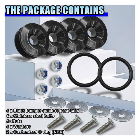 Heavy Duty Bumper Quick Release Clips Fasteners Kit For Front And Rear Bumpers Universal Fit For Most Cars Includes Washers And Stainless Steel Screws Easy Install Durable Aluminum Alloy With Rubber Seals Black shown with components