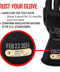 Close-up of Class 00 Insulating Lineman Safety Gloves showing date and ANSI/ASTM standards details.