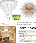 Built Tough MR16 LED Spotlight Bulbs GU53 Base 12V 3 Watt with specifications and dimensions displayed beside the bulb.