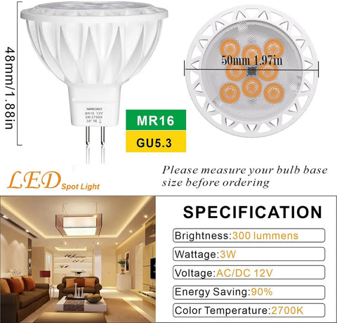 Built Tough MR16 LED Spotlight Bulbs GU53 Base 12V 3 Watt with specifications and dimensions displayed beside the bulb.