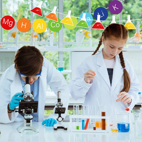 Science Banner Garland Set For Back To School Party Decor 5 Pcs Hanging Lab Theme Ornaments with kids in lab coats