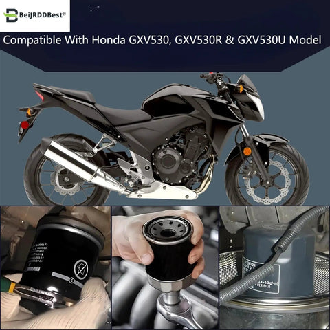 Honda GVX530 motorcycle with oil filter installation close-ups, BeijRDD compatible filter shown, three-step process displayed.