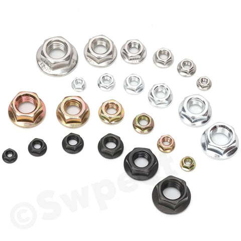Heavy-Duty 150-Piece Assortment Kit Packed With M3 M4 M5 M6 M8 And M10 Black 304 Stainless Steel Serrated Flange Lock Nuts displayed in various sizes.