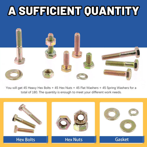 Rock Solid Hex Bolt And Nut Assortment Kit With Grade 8 Coarse Thread Fasteners Flat Lock Washers and Heavy Duty Screws for Garage Mods Shop Repairs and Truck Fixes, showing bolts, nuts, and washers.