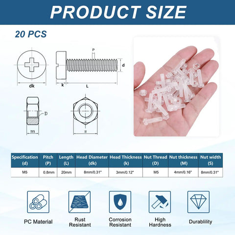 Slick 20 Pack M5 X 20mm Clear Acrylic Screws And Hex Nuts in hand showing size dimensions and details for DIY electronic fixes.