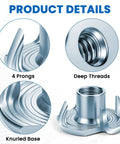4 Pronged Tee Nut Zinc Plated Steel Built Tough For Wood And Furniture 4 Jaw Threaded Insert For Bolts And Screws Rust Resistant Great For Rock Climbing Holds Easy Install Pack Of 100 with detailed view of prongs, deep threads, and knurled base.