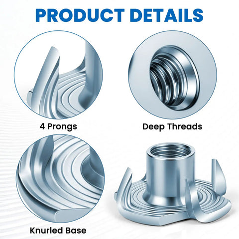 4 Pronged Tee Nut Zinc Plated Steel Built Tough For Wood And Furniture 4 Jaw Threaded Insert For Bolts And Screws Rust Resistant Great For Rock Climbing Holds Easy Install Pack Of 100 with detailed view of prongs, deep threads, and knurled base.