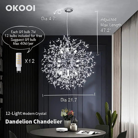 Crystal Dandelion Chandelier Pendant Lights With Firework Sparkle 12 Light Chrome Ceiling Fixture For Dining Room And Living Room G9 Bulbs Included Modern Glam Crystal Drop Lighting That Pops shown installed over a dining table.