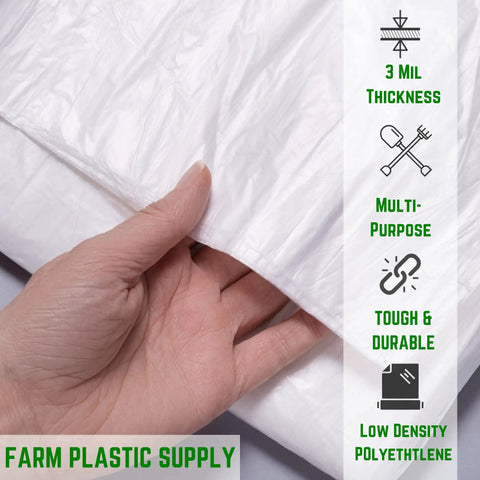 Heavy Duty 3 Mil Plastic Sheeting Roll With White Finish Measuring 3 By 100 Feet used for protecting surfaces with a hand holding it.