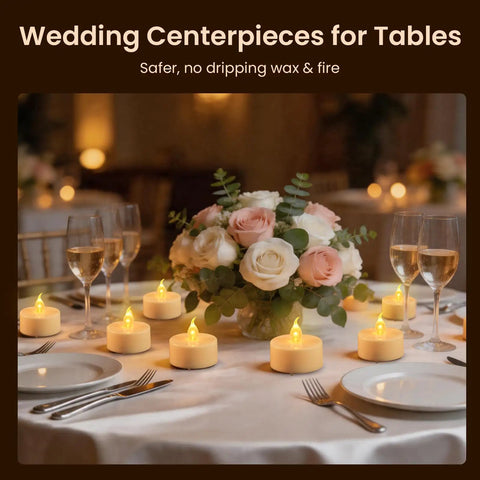 Flameless LED Tea Light Candles 24 Pack With Realistic Flicker Warm Yellow Glow on wedding table with flowers