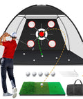 Man using 10x7Ft Golf Net With Practice Mat For Backyard Driving Chipping And Swing Practice All In One Hitting Aid Net