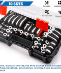 110-piece cable clamp set in a plastic carrying case, 10 sizes from 1/4 in to 1-3/4 in, stainless steel with rubber-coated cushions.