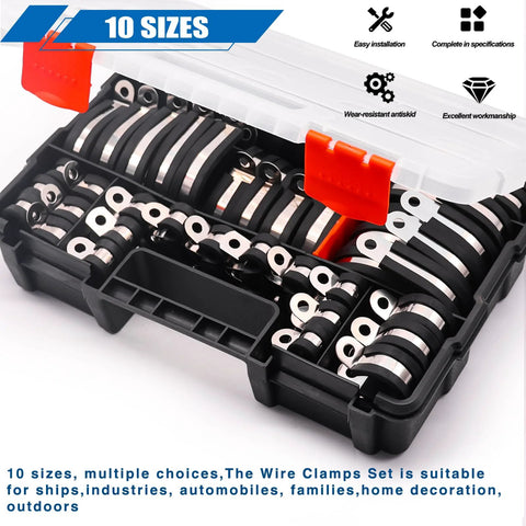 110-piece cable clamp set in a plastic carrying case, 10 sizes from 1/4 in to 1-3/4 in, stainless steel with rubber-coated cushions.