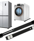 Extendable Appliance Rollers For Washer And Dryer BeefedUp Heavy Duty Mobile Base holding refrigerator and washing machine