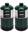 Pack Of 2 16.4 Oz Propane Gas Canisters For Camping Stoves And Outdoor Cooking shown with black caps and labels