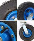 Close-up of Beefy Heavy Duty Caster Wheels for Carts, Workbenches and Trolleys, showing rubber tread and blue metal frame.