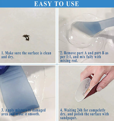 White 5oz Bathtub Repair Kit For Cracks Holes Scratches In Bathtubs Ceramic Tiles Sinks Porcelain Fiberglass And Countertops Restore Look And Save Money With Easy DIY Repairs, showing step-by-step repair application and sanding process.
