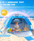 All In One Beach Tent With Solar Cooling Fan For Babies And Toddlers Anti UV Sun Shelter with child playing inside