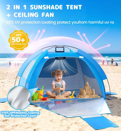 All In One Beach Tent With Solar Cooling Fan For Babies And Toddlers Anti UV Sun Shelter with child playing inside