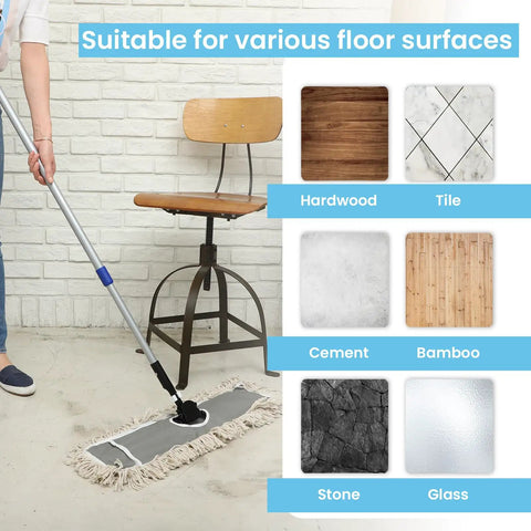 Real Deal Industrial Cotton Dust Mop With Adjustable Steel Handle For Hardwood Tile Laminate Vinyl Epoxy Floors Hella Absorbent Push Broom Straight Up Great For Sweeping Up Pet Hair And Debris Fast