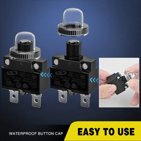5 Pack Thermal Circuit Breaker Kit With 5A 10A 15A 20A 30A Ratings, 125 To 250V AC And 65V DC, Push Button Manual Reset Waterproof Auto Trip