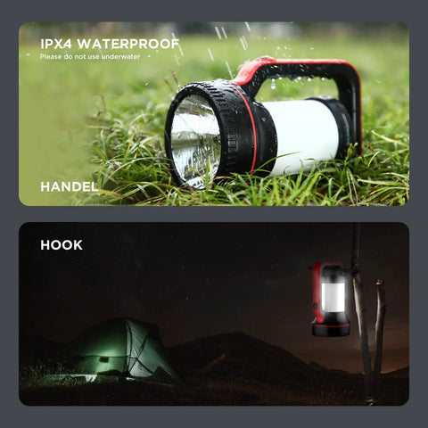 Rechargeable Handheld Spotlight 12000 Lumen LED Flashlight With 10000mAh Battery on grass and hanging on tree near tent at night