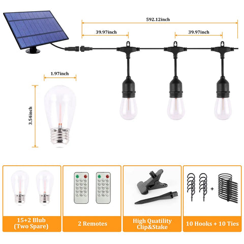 Solar String Lights Outdoor 100ft 2x50ft With Dimmable Remote Three Color In One 2700K 4000K 5000K Edison Bulbs set with accessories displayed