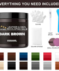 Dark Brown Leather Recoloring Balm And Quick Furniture Repair Kit showing tools included, 8oz jar, and various leather dye colors.