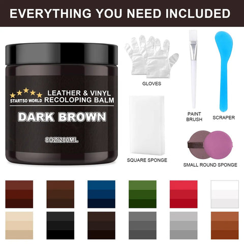 Dark Brown Leather Recoloring Balm And Quick Furniture Repair Kit showing tools included, 8oz jar, and various leather dye colors.