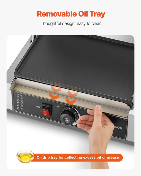 Removable oil tray on VEVOR Commercial Panini Grill 1800W Electric Sandwich Press for easy cleaning of grease.