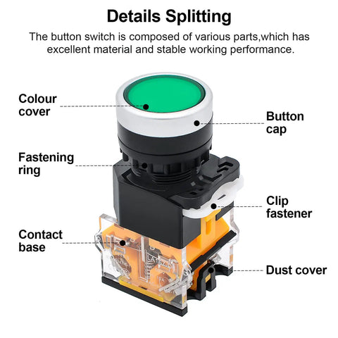 Diagram showing parts of Two Pack Red And Green Momentary Push Button Switch Self Reset 1NO 1NC DPST Ui 690V Ith 10A AC 15 DC 13