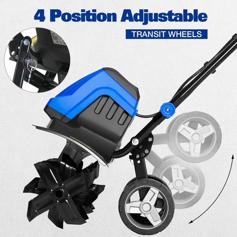Powerful Corded Garden Tiller Cultivator With 14 Amp Motor, 18 Inch Till Width, 8 Inch Deep Dig, 6 Steel Front Tines, adjustable wheels