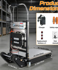 Heavy Duty 1200w Electric Stair Climbing Hand Truck With Upgraded Rubber Tracks And Height Adjustable Tray showing product dimensions and accessories.