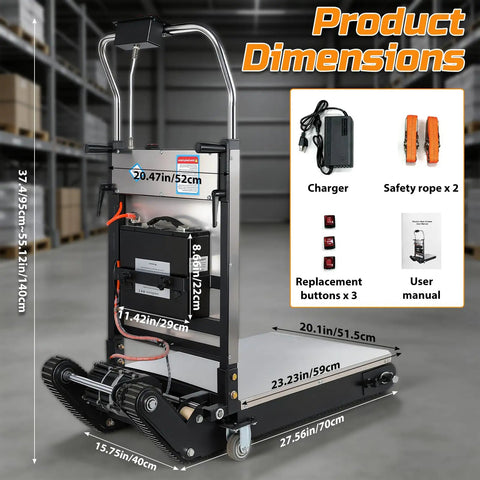 Heavy Duty 1200w Electric Stair Climbing Hand Truck With Upgraded Rubber Tracks And Height Adjustable Tray showing product dimensions and accessories.