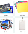 Image showing ID cards, colored kraft paper, photos, and PVC sheet, illustrating use for Go-To All Metal Single Hole Puncher With Lever.